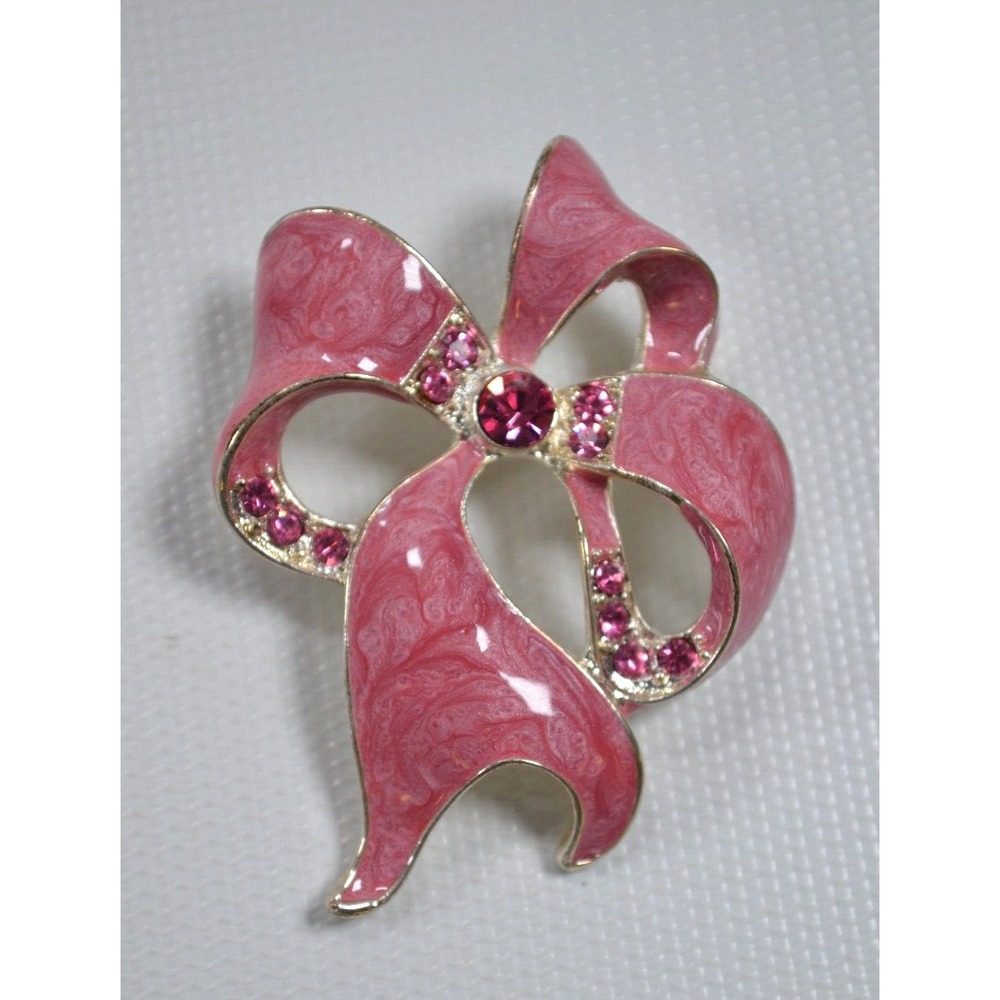 Vintage Ribbon Bow Pink Swirl Enamel Coated Brooch Pink Rhinestones
